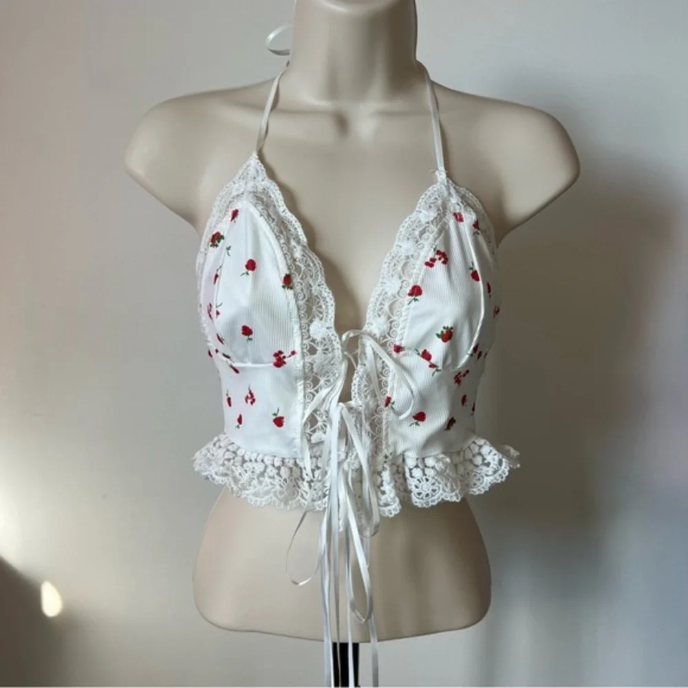 lace trim halter top white red rose adjustable ties SHEIN Size XS - Picture 8 of 8